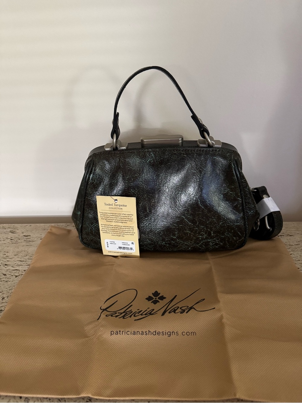 Patricia Nash Gracchi Turquoise Tooled Leather Frame Satchel. MSRP $279 - Picture 9 of 13